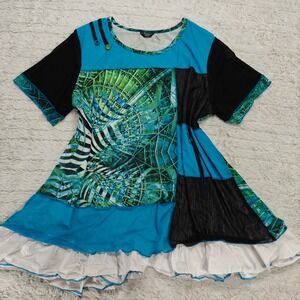 Kactus Tunic Top‎ Womens XL Psychedelic Patchwork Ruffle Wearable Art Eclectic
